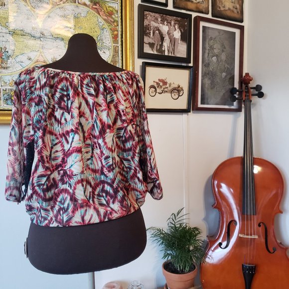 Leaf Print Boho Sheer Bat Wing Shirt - Picture 2 of 7